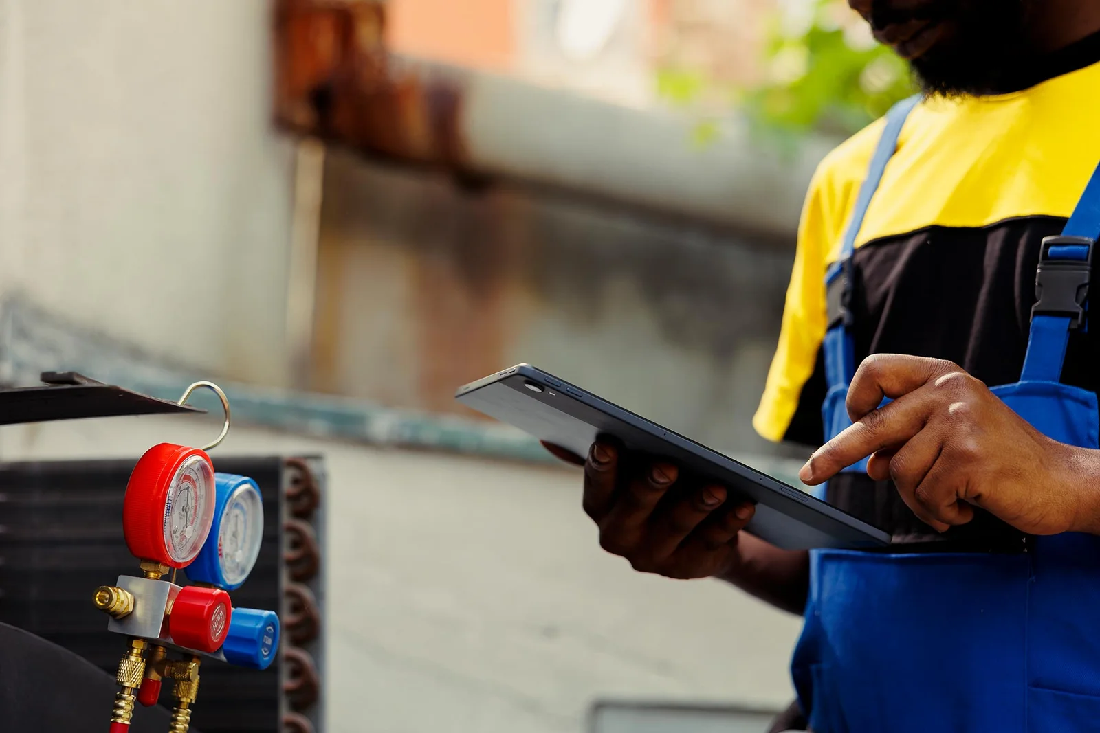 Technician uses manifold gauges to check refrigerant pressure and identify a leak on an outdoor AC condenser unit